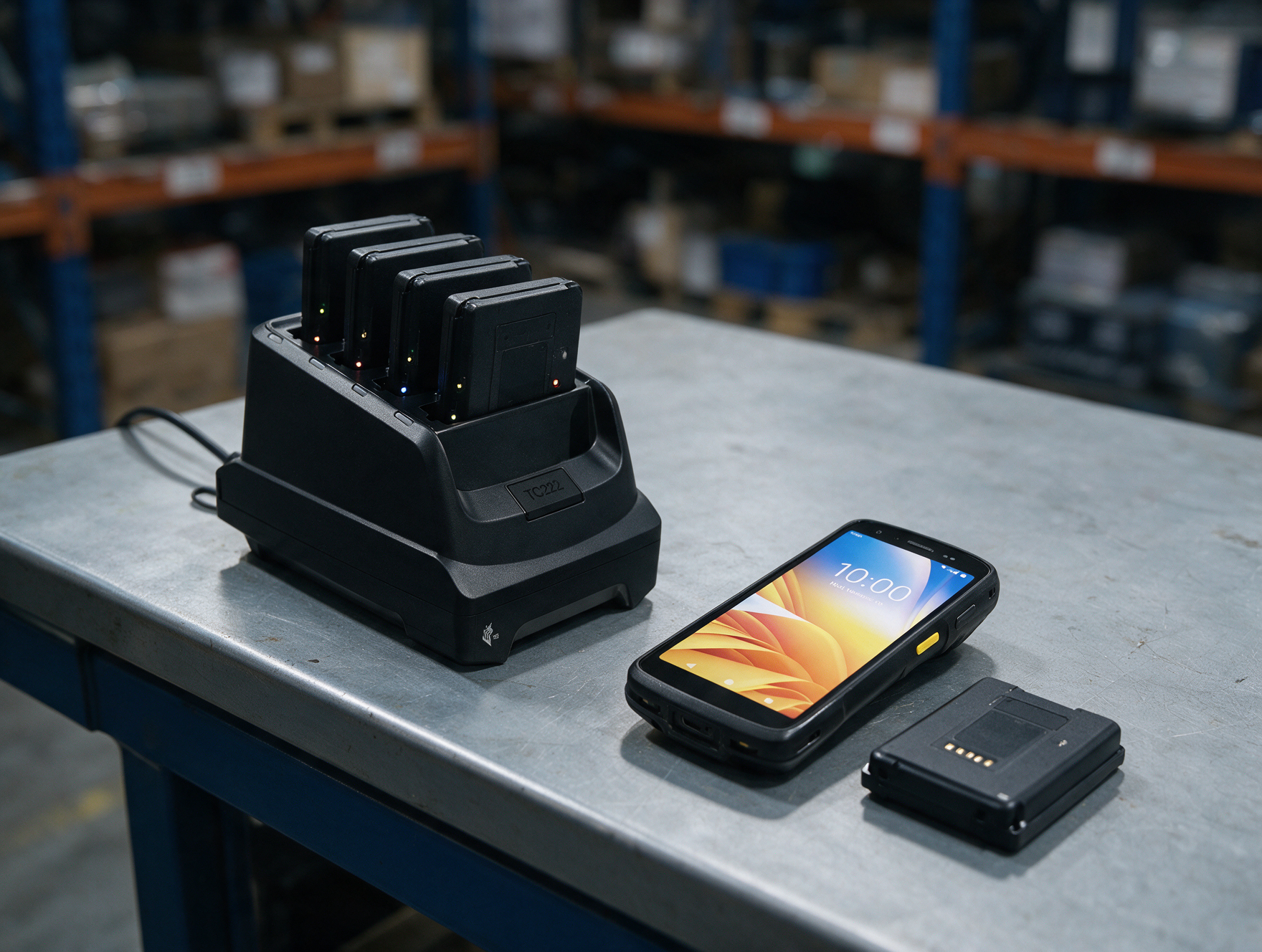 Batteries de Zebra TC22 en charge sur leurs quatre emplacements, terminal posé à côté